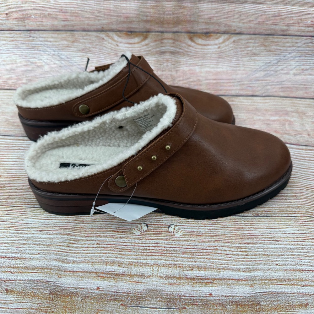 Kensie Wrylie Tan Faux Leather Shearling Lined Lug Sole Clog Mules US 8.5 NEW